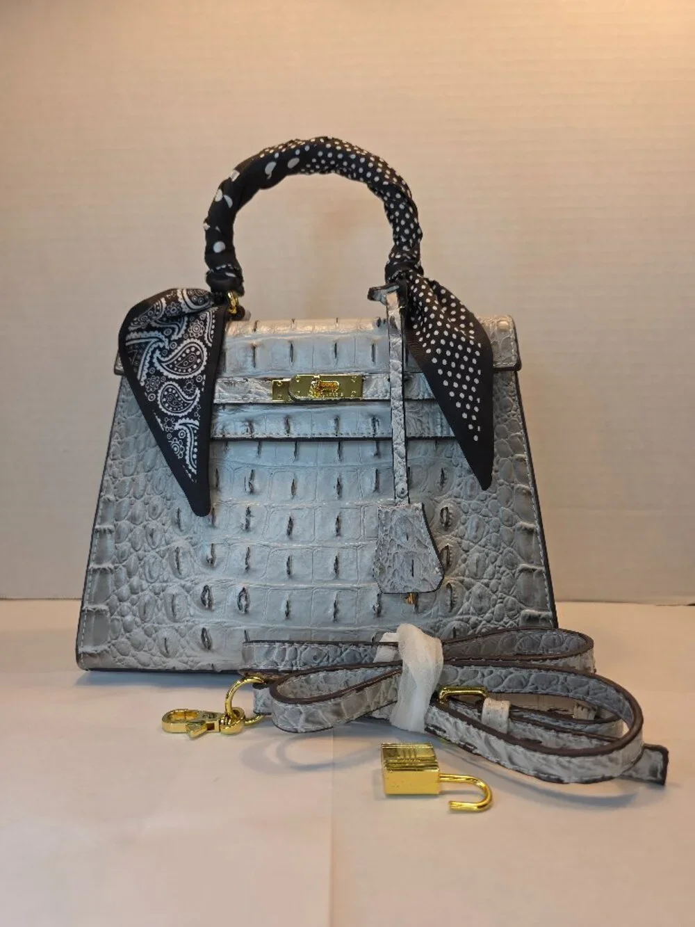 Beautiful Croc Embossed Top Handle Fashion Bag with Padlock  & Twilly NWOT